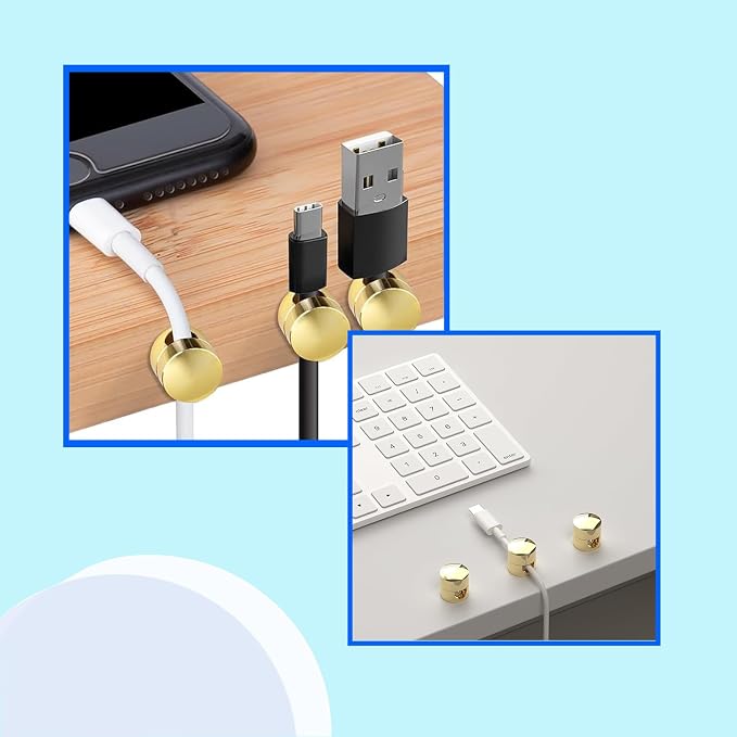 6 Sets Charger Cord Keeper Holder Stick on, Gold Metal Adhesive Cable Management Clips,Adjustable Phone Cable Anchor Holders,Wire Organizer for Desk, Wall, Home, Office, nightstand, Chandelier