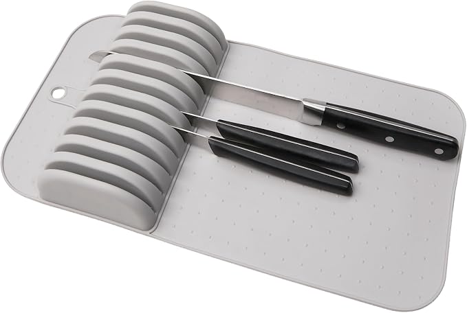 madesmart Large Knife Mat, Soft-Grip Knife Organizer for 11 Knives, Non-Slip Drawer Insert Protects Blades and Maximizes Kitchen Drawer Space, Grey