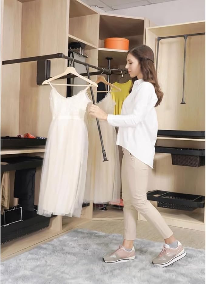 HOWHY Pull Down Closet Rod - Adjustable Side Mounted Closet Rod for Hanging Clothes,Easy to take and store clothes,Fitting width:21.65"~27.55,Black