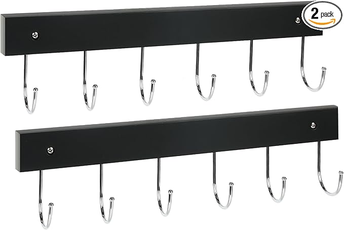 2 Pack Coat Rack Wall Mount with 12 Rotating 180° Coat Hooks, 14.6" Rustproof Wooden Entryway Organizer, Wall Hooks for Hanging Coats, Purse, Hats, Jackets, Towels, Space Saving Hanger (Black)