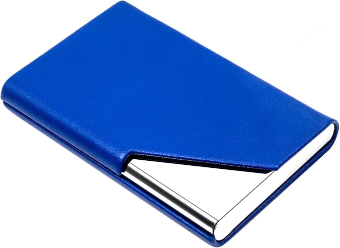 Padike Business Card Holder, Upgraded Leather Business Card Case Pocket Card Holders for Men or Women, Metal Slim Name Card Holder RFID Blocking Business Card Carrier with Magnetic Closure (Y-BU)
