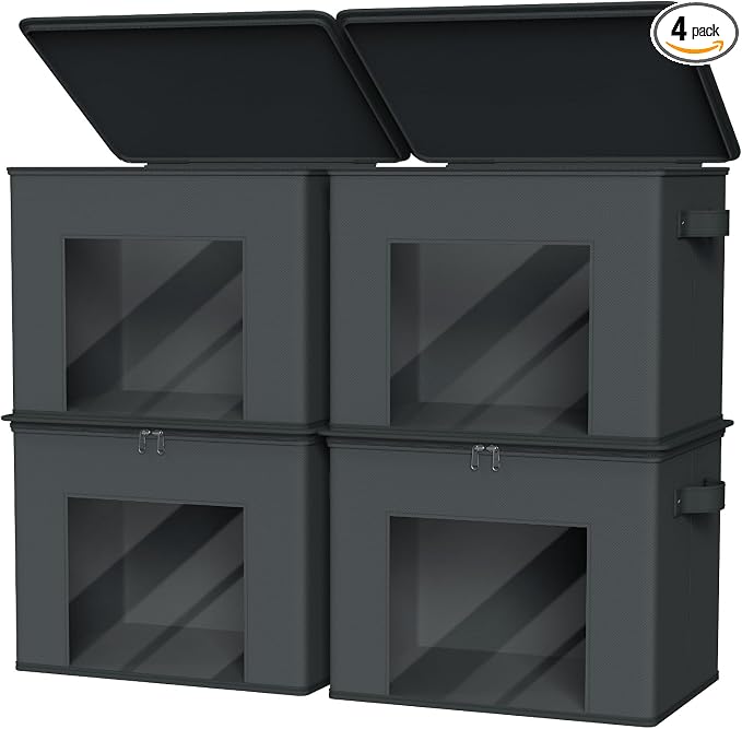 Zilink Fabric Organizer Bins with Lids Cloth Storage Bins, Dark Grey, 4Pack | Stackable, Smooth Zipper, Clear Window, Collapsible Closet Organizer Storage Bins for Home, Office, Bedroom