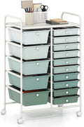 LUARANE Rolling Cart with 15 Drawers, Craft Storage Cart with Portable Handles & Lockable Wheels, Mobile Toys Organizer, Large Capacity Utility Drawer Cart Home Office School Teacher (Gradient Green)