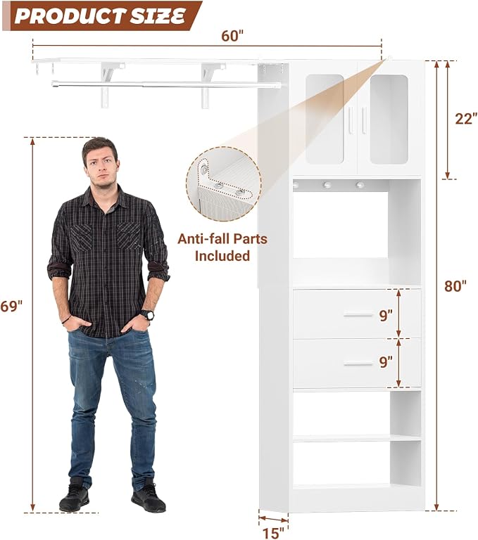 5FT Closet System with Doors and Wooden Drawers, 60'' Reversible Closet Organizer System with Big Wing Shelf and Hanging Rod, 80'' Tall Walk in Wardrobe Closet System with Shelves & Hooks, White