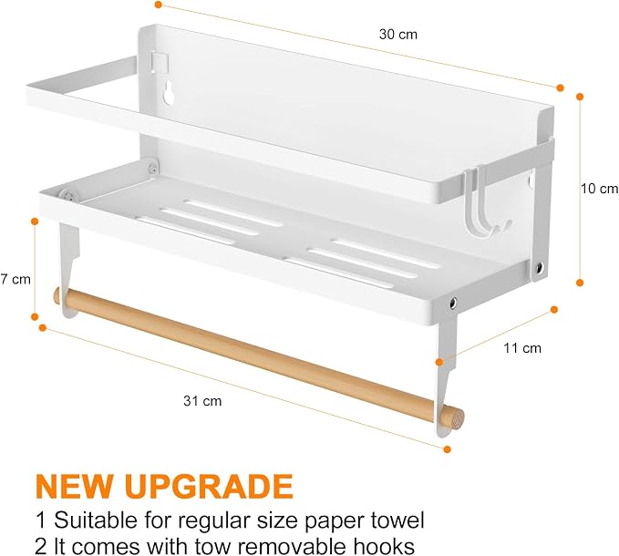 Spice Rack Magnetic Shelf with Paper Towel Holder Roll and Hooks, Foldable Refrigerator Magnetic Spice Holder, Seasoning Organizer Hanging Spice Storage Stand, White