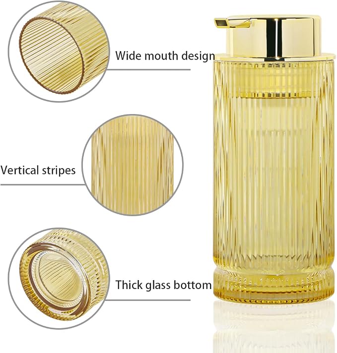 14 Oz Foaming Soap Dispenser, Amber Glass Soap Dispenser, Refillable Foam Pump Bottle Lotion Container with Gold Pump, Decorative Slim Ribbed Bottle for Bathroom and Kitchen Decor