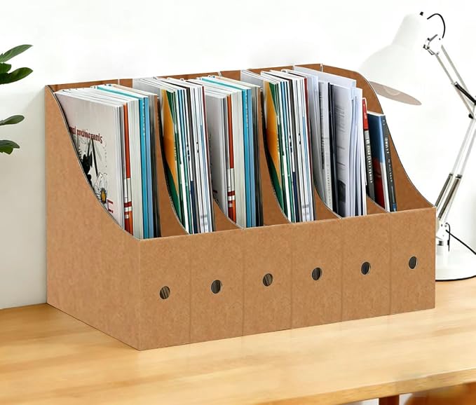 Limitliho 6 Pack Brown Cardboard Magazine Holder for Desk, Book Bins for Classroom Library,Office,Home, 10.6" H x 10.2" L x 3.5" W in Magazine File Holder