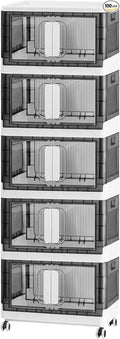 Folding Storage Organizer with Silent casters | Stackable Design for Home & Office, Heavy-Duty Plastic Storage Bin with Clear Door, 3 Sizes (19.5/23.5/27.5in),Black/White (19.7" 5 layer, White)