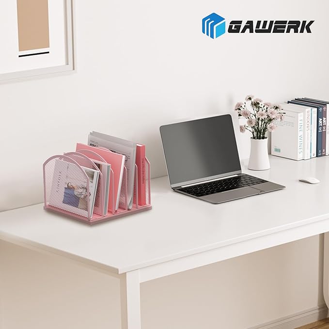 Gawerk 5-Section Vertical Desktop Organizer, 5-Section Mesh File Folder Stand Sorter for Office Home Classroom Organization (1, Pink)