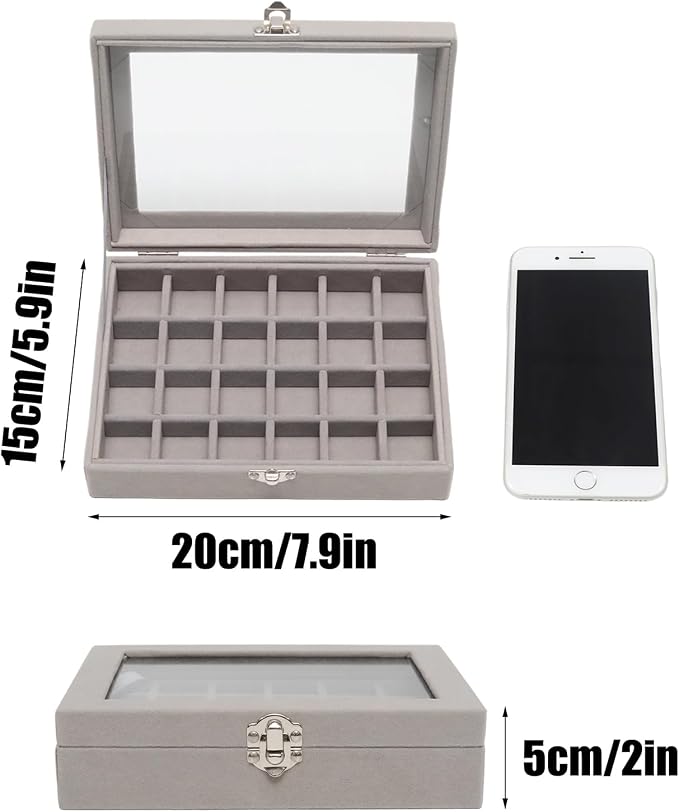 Small Velvet Jewelry Tray with Clear Lid, Lockable Ring Earring Holder Organizer Storage Box Case Jewelry Box Organizer for Rings Earrings Bracelets Brooches, 24 Grids Gray