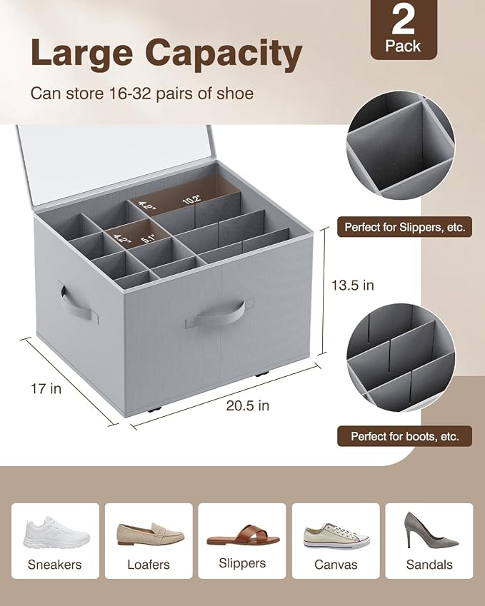 HOUSE AGAIN 2 Pack Shoe Organizer for Closet, Shoe Storage Organizer with Wheels, Foldable Shoe Storage Box with Adjustable Dividers and Clear Cover, Reinforced Handles, Fits up to 16-32 Pairs, Gray