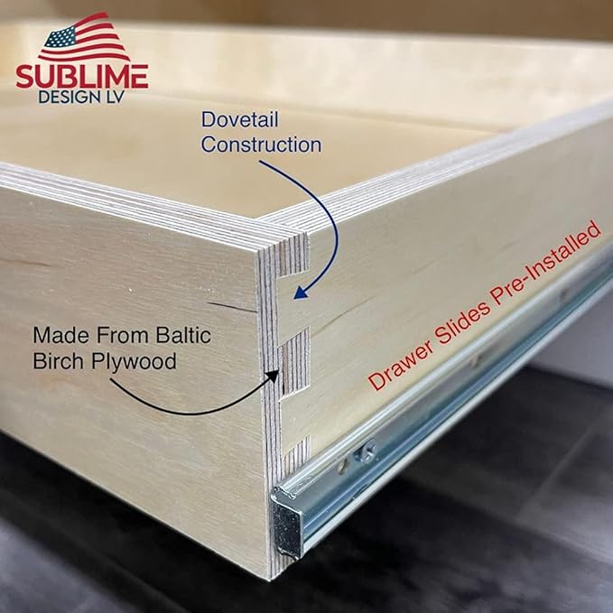 Sublime Design - Baltic Birch Wood Pull Out Cabinet Organizer | Slide Out Drawers for Kitchen Cabinets | Replacement Kitchen Drawer (Side Mounting, 15" Inches Wide)