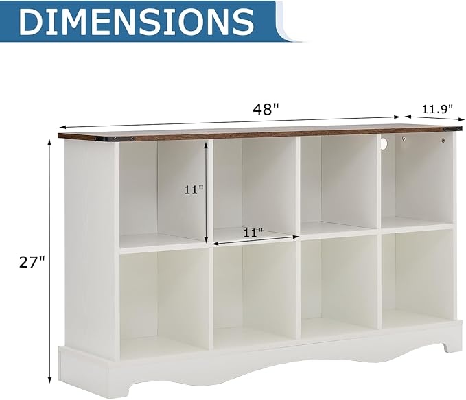 8 Cube Storage Organizer Bookcase, Long Horizontal Wood Bookshelf with Open Compartments, Multi-Purpose Cube Shelf, Hallway TV Stand for Living Room, Bedroom, Entryway, White