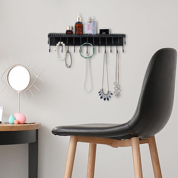 MyGift 15 Inch Wall Mounted Matte Black Metal Jewelry Organizer & Display Shelf with Vintage Lace Design, Hanging Perfume Storage and 26 Hook Necklace Hangers