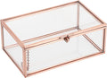 Hipiwe Vintage Glass Keepsake Box Rectangle Jewelry Display Organizer Lidded Box Home Decor Glass Decorative Box for Trinket Rings Earrings Bracelet, Rose Gold, Small