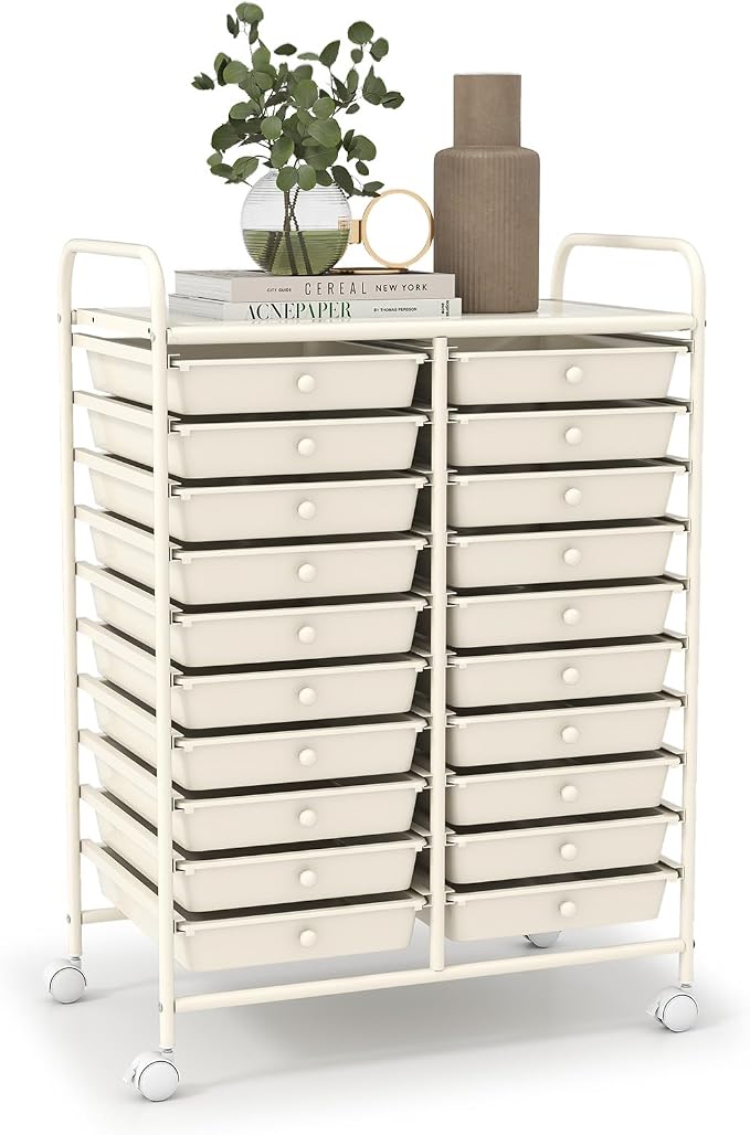 LDAILY 20-Drawer Rolling Storage Cart, Rolling Storage Cart, Storage Organizer on Wheels, Metal Frame, Scrapbook Paper Tools, Suitable for Office School, Classroom (White, 20 Drawer)