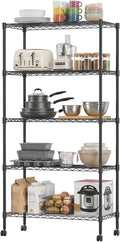 BestOffice | 5-Tier Wire Storage Shelves with Wheels | 14x30x60 | Black | Adjustable Racks | Heavy-Duty Metal Shelf, Holds Upto 220 lbs | No-Tool Assembly | Ideal for Home & Garage Shelving