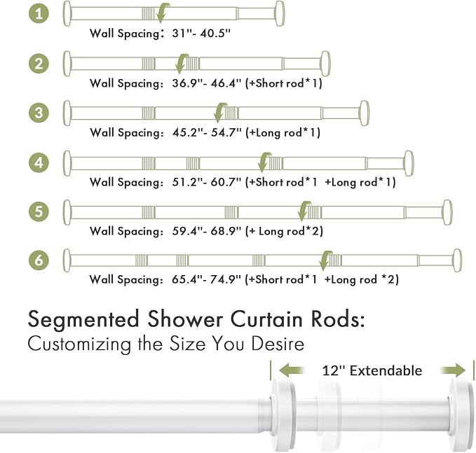 AmazerBath Spring Tension Shower Curtain Rod, 31-75 Inches Heavy Duty Tension Rod Rust Proof Bathroom Curtain Rod, Adjustable No Drill Easy Segmented Installation, White