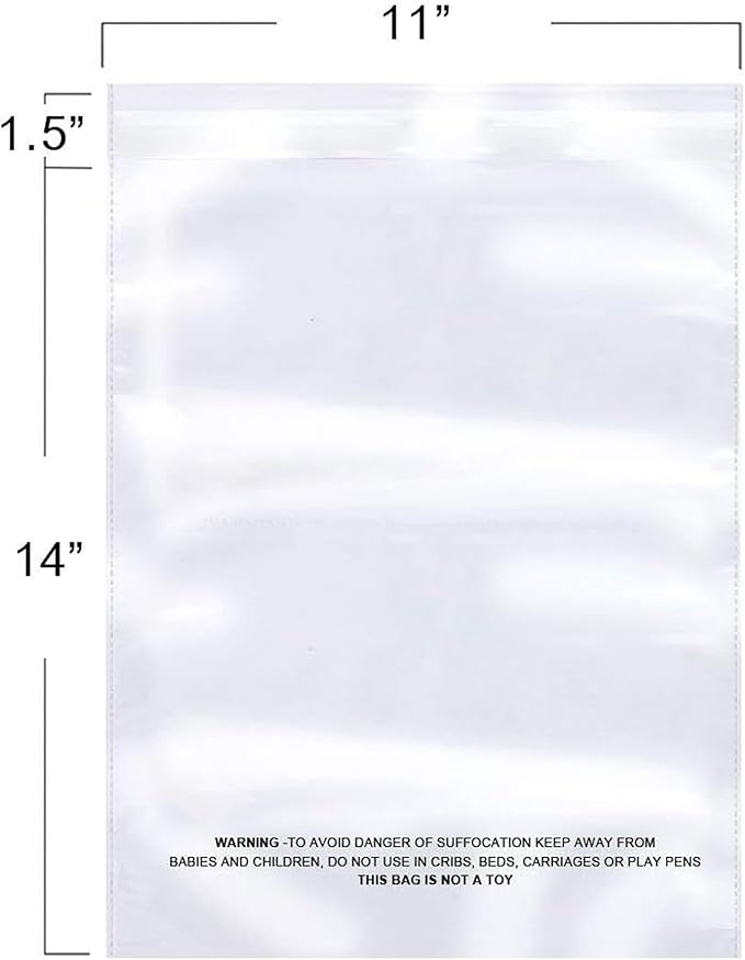 The Elixir Packaging 100 Count 11 x 14 Clear Poly Bag with Suffocation Warning Reclesable Transparent Plastic Tote Backpack Mailer Bag, Food Grade Material, 1.5 Mil Thickness