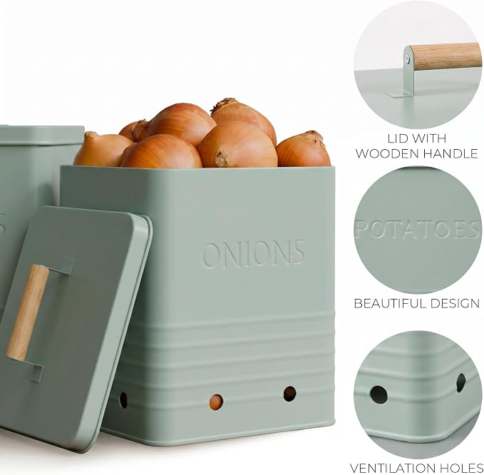 ZICOTO Beautiful Potato and Onion Storage Container Set, 10.1" & 8.9" - Perfectly Sized Spacious Canisters For Your Kitchen Counter Or Pantry - Food Safe Metal Bins Keep Produce Fresh Longer