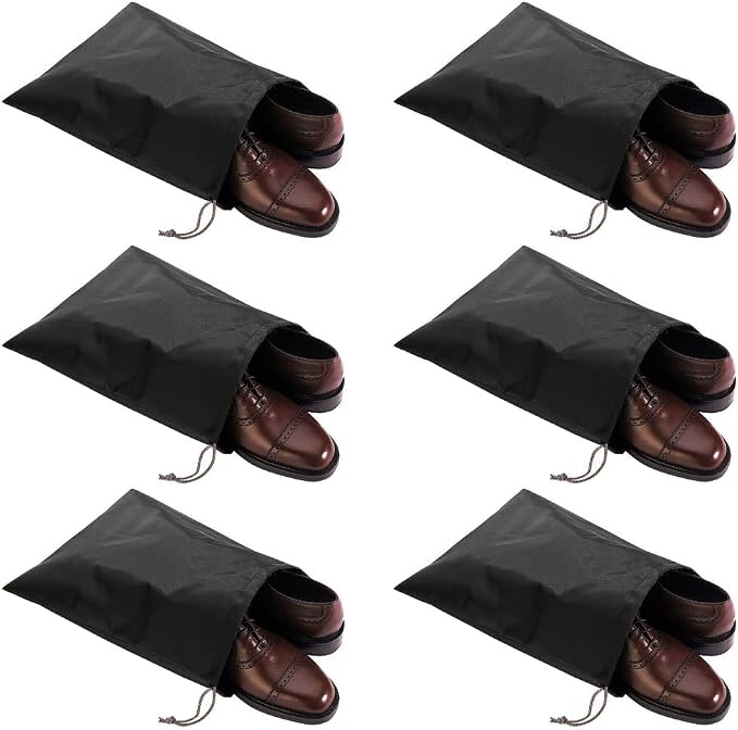 6 Pack Waterproof Nylon Shoe Bags Travel Bags for Men Women (Black, 15.1"(L) x12.2"(W))