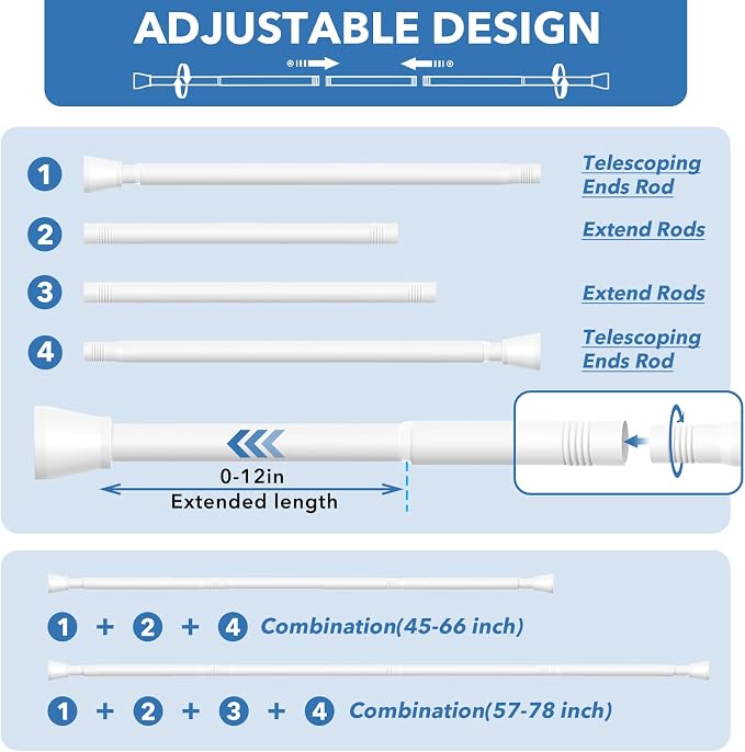 White Shower Curtain Rod - Adjustable 45-77 inch Tension Curtain Rod, Spring loaded Curtain Rod for Bathroom Window
