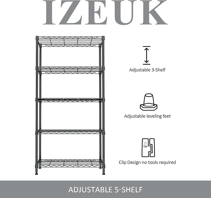 Storage Shelving Unit for Garage and Pantry, 30" Wide Metal Wire Shelf | 5-Tier, 13.8" D x 29.5" W x 59.5" H, 1750 lbs Organizers and Storage Black Shelves for Garage, Kitchen, Office and Laundry