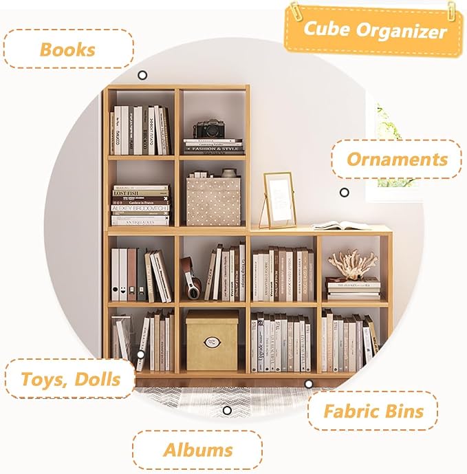 NELYE 6 Cube Organizer Bookcase Oak Open Shelf | Suitable for 11-inch Fabric Storage Bins, Simple Compartments Bookshelf, Holds 20 Lbs per Cube
