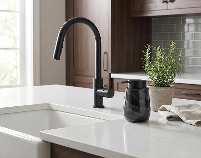 Marble Glass Foaming Hand Soap/Lotion Pump Dispenser, Refillable for Kitchen and Bathroom Countertop (Black)