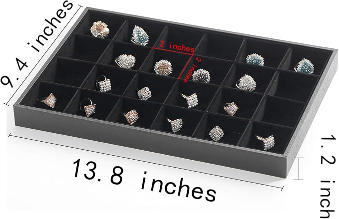 Stratalife 24 Grid Jewelry Organizer Tray, Stackable Drawer Earring Organizer with Adjustable Dividers, Jewelry Display Tray for Necklace Earring Ring Bracelet, 13.8" x 9.4" x 1.2", Black