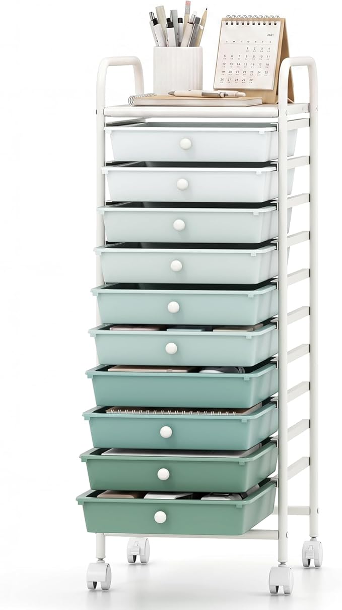 GOFLAME 10-Drawer Rolling Storage Drawer Cart, Utility Cart with Removable Drawers & Metal Frame, Mobile Art Craft Drawer Cart with Lockable Wheels for Home, Office, Studio, School, Green Gradient