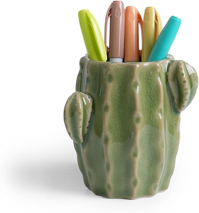 Ceramic Cactus Pen Holder, Cactus Decor Cute Pencil Holder, Makeup Brush Holder for Home, Office Desk Accessories(Light Green Cactus)