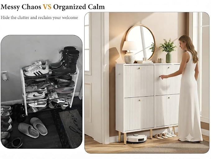 Nicetree White Shoe Cabinet for Entryway, 4 Flip Drawers Shoe Storage Cabinet with Tiered Fluted Design, Slim Narrow Shoe Rack for Small Spaces, 9.5" Deep Shoe Organizer with Metal Legs