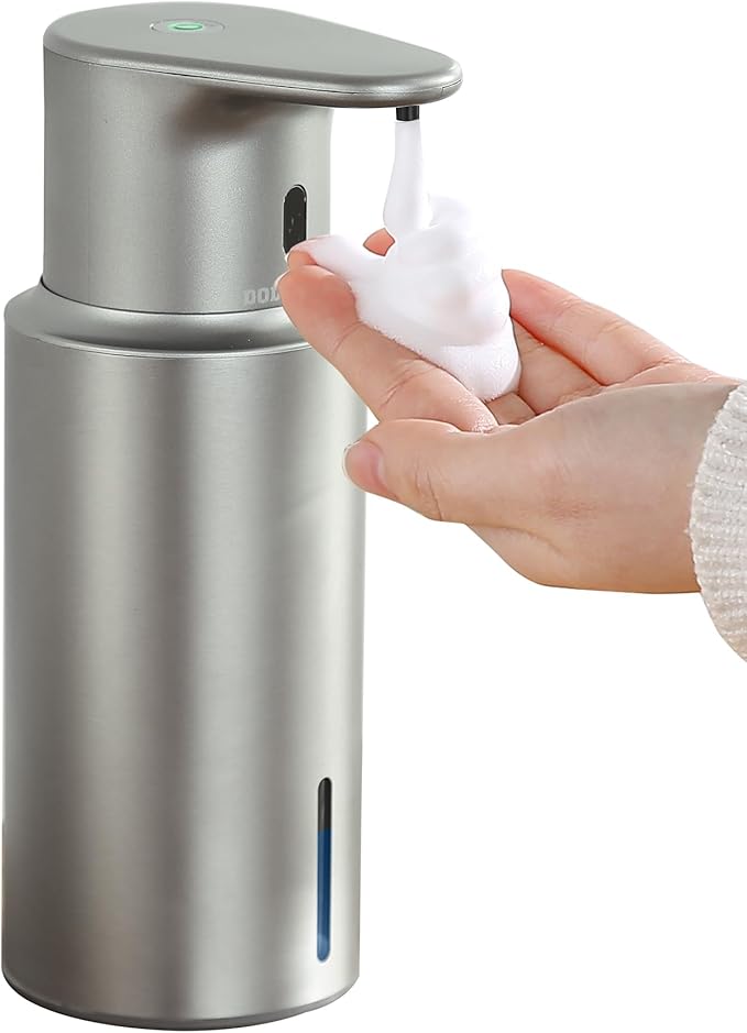 Automatic Foaming Soap Dispenser Touchless, 304 Stainless Steel Bottle Body | 16.2oz/480ml Rechargeable, 3 Adjustable Liquid Levels, IPX7 Waterproof, for Kitchen Bathroom, Stainless Steel