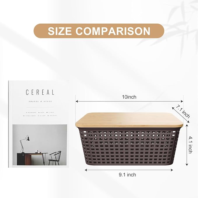 Viphope Stackable Storage Bins with Bamboo Lids set of 6,10x7.1x4.1in | small plastic organizer boxes,natural bamboo lids,saves space in pantry,office classroom storage,closet, desk, cabinet