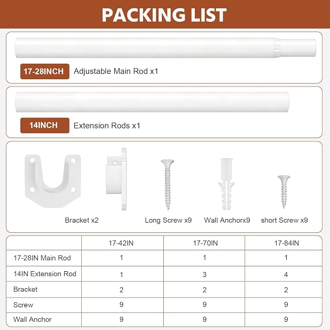 Closet Rods for Hanging Clothes, 17-42 Inch Stepless Adjustable Closet Rod, 1.3 Inch Heavy Duty Metal Clothes Hanging Rod, Expandable Closet Bar Hanger Rod for Closet Wardrobes Laundry RV White