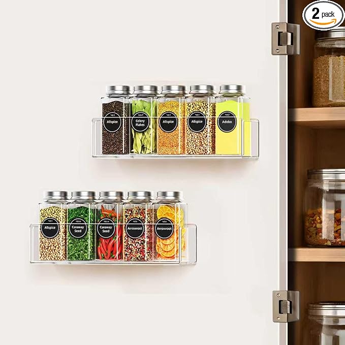 Wall Mounted Acrylic Spice Rack 2 Pack, 9 Inch Clear Pantry Door Organizer, Floating Spice Organizer, Adhesive or Screw Mounted Cabinet Seasoning Shelf