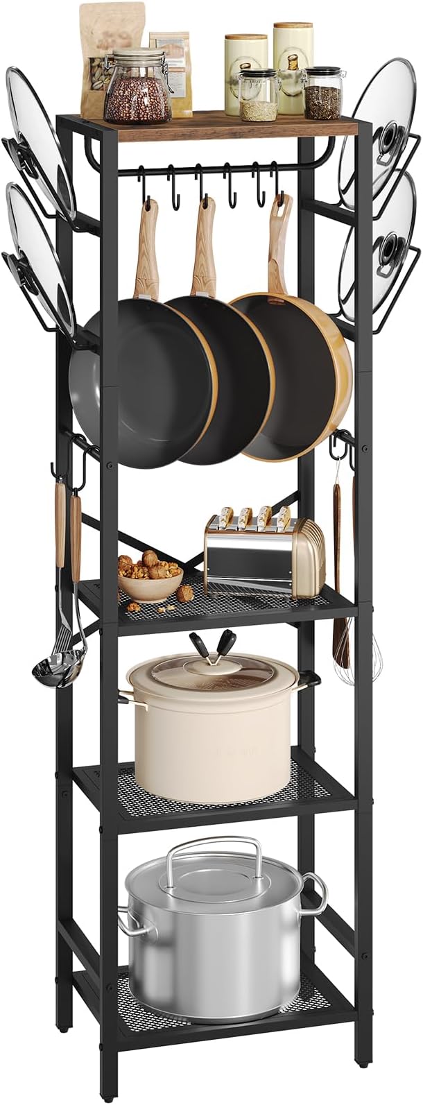 MAHANCRIS 4-Tier Pot Rack, Pots and Pans Organizer for Kitchen Corner, Kitchen Storage Rack with U-Shaped Lid Holders, Freestanding Cookware Stand, Rustic Brown and Black POHR3001