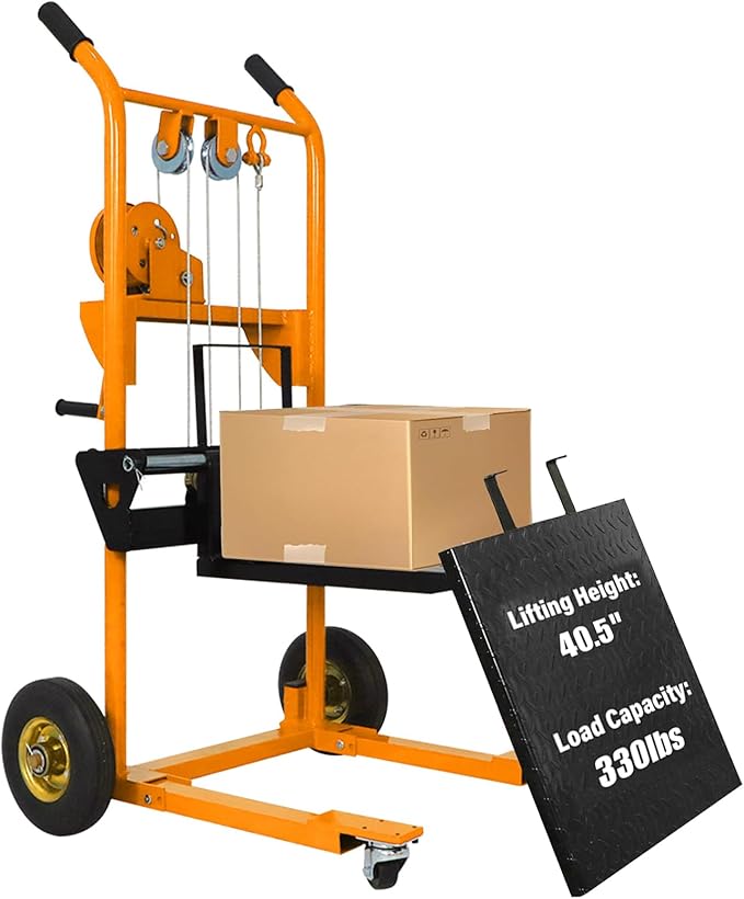 Tory Carrier Material Lift Winch Stacker, 330 lbs Capacity Pallet Stacker, 40.5" Lifting Height, Pallet Truck Dolly, Swivel Casters Lift Table Cart, Forklift with Steel Platform(Yellow)