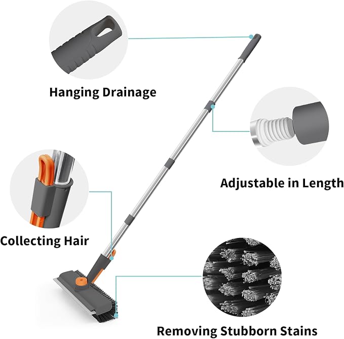 Floor Scrub Brush with Long Handle, 3 in 1 Scrape and Heavy-Duty Stiff Bristle Scrubber Brush for Cleaning Shower Bathroom, Patio, Pool, Garage, Kitchen, Wall and Deck (Gray, 2 Pack)