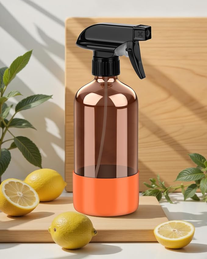 Bontip Amber Glass Spray Bottle with Silicone Sleeve Protection, 16 oz Refillable Spray Bottles for Cleaning Solutions, Plants, Aromatherapy, Facial Hydration (3, Black & Brown & Orange, 16 oz)
