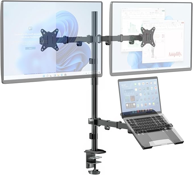 Dual Monitor Stand and Laptop Mount Fit Two 17 to 32 Inch Monitor and 10 to 15 Inch Laptop,Extra Tall Adjustable Stand,19.8 lbs Weight Capacity per Arm,Black