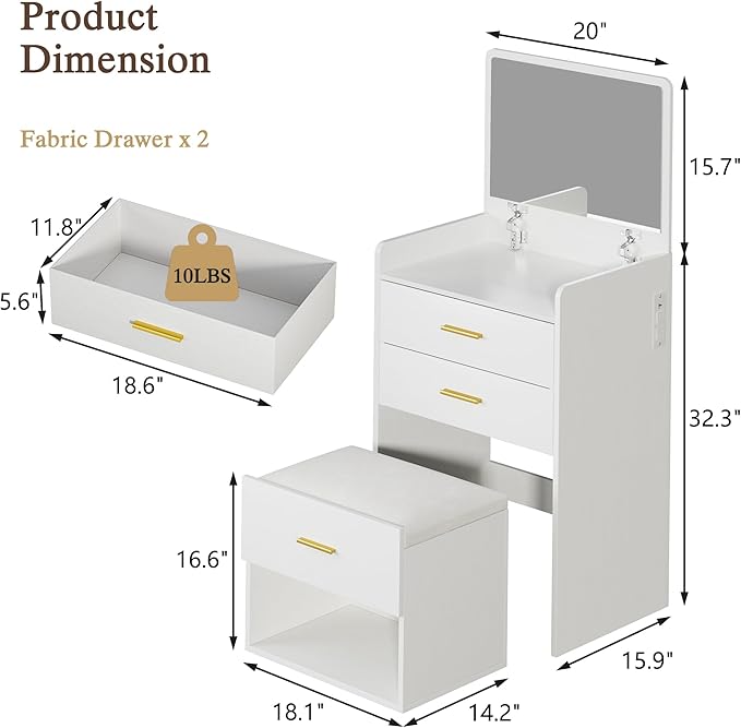 HUAHUU 3 in 1 Vanity Desk with Flip-up Mirror, Compact Vanity with 2 Fabric Drawers & Storage Cushioned Chair, Charging Station, Girls Small Vanity Nightstand for Bedroom, White