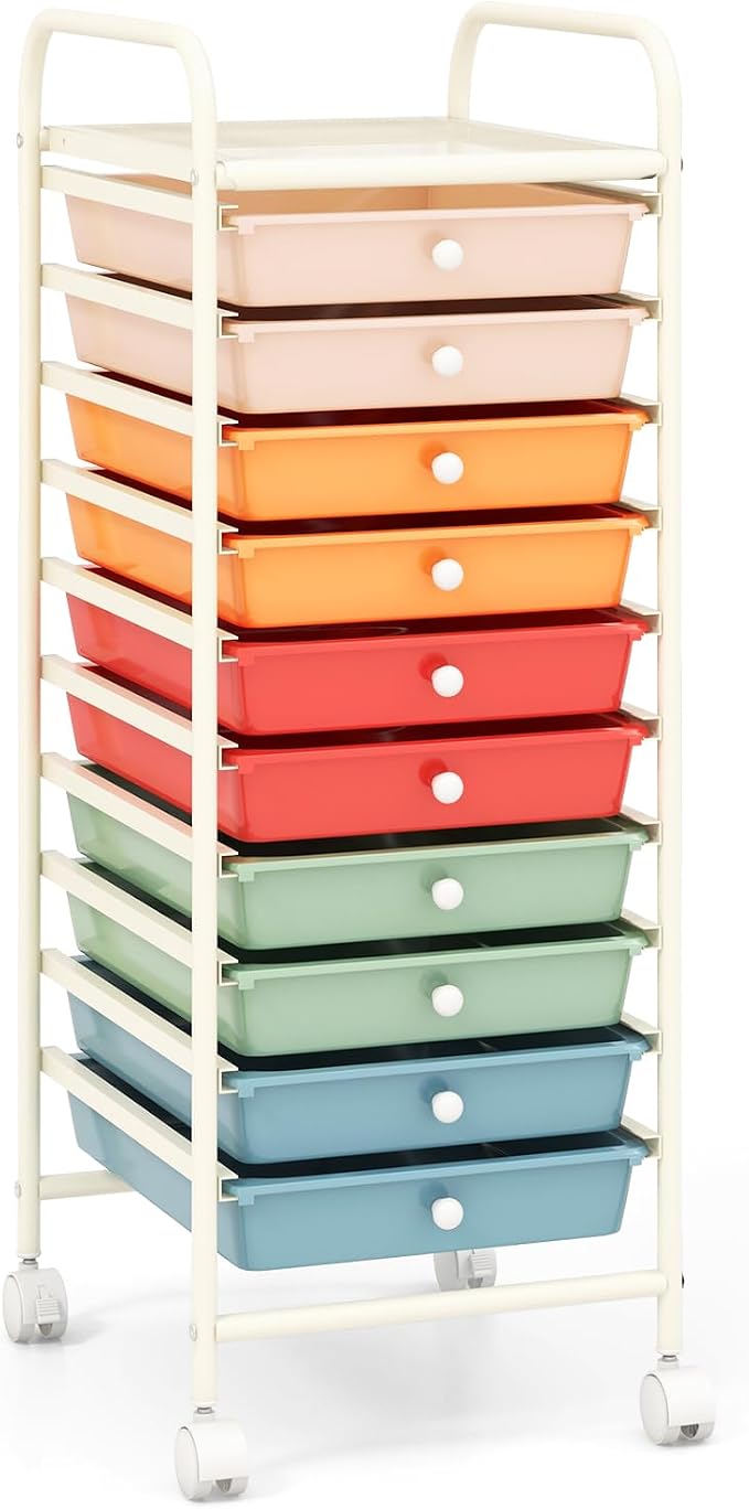 DREAMADE Rolling Cart With Storage Drawers, Utility Cart With Removable Plastic Drawers, Lockable Wheels for Classroom Organization, Art Supplies, Office, Scrapbook (10 Drawers, Macaron)