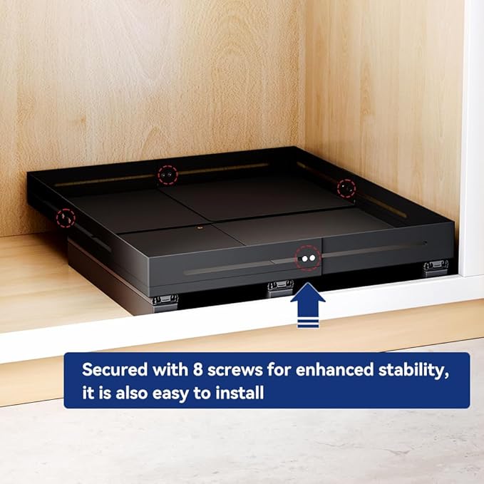 Pull Out Cabinet Organizer With Raising Pad for Framed Cabinets,Adjustable Depth(15.7"-24.4") And Width(12.8"-20.5"),Slide Out Drawers,No Drill Design,Heavy Duty Storing,Black