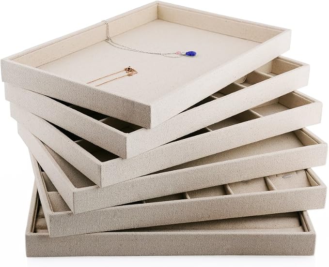 Oirlv Stackable 17 Hooks Sackcloth Jewelry Tray Necklace/Pendant/Long chain Display Showcase Organizer(Pack of 1,Beige)