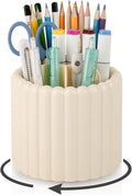 360° Rotating Pen Holder for Desk Removable Pencil Organizer, Beige | 7 Slots Pen Cup Cute Office Supplies and Accessories Plastic Desktop Storage Box Art Caddy for School, Work, Home