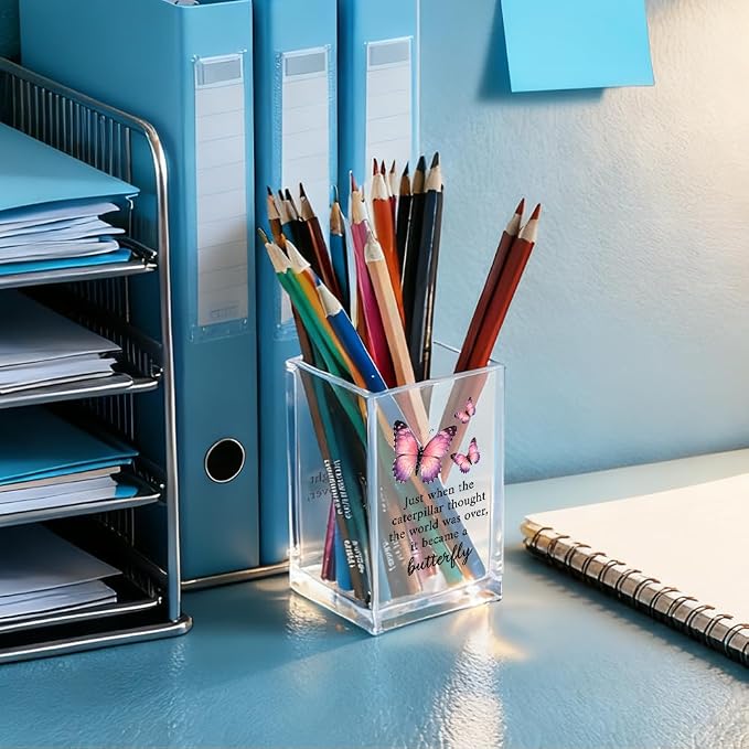Just When The Caterpillar Thought The World Acrylic Pencil Holder Cup, Butterfly Pen Holder Gifts For Women Girls Sister, Inspirational Gifts for Daughter, Encouragement Gift for Teens Women
