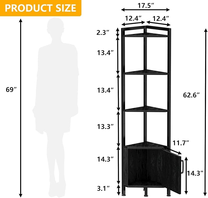 Furnulem Corner Shelf,5-Tier Corner Cabinet with Storage and LED Light, 62.8” Standing Display Bookshelf for Bedroom, Living Room, Kitchen, Wood Display Shelf (Black Oak) | 62.8”Tall Corner Bookshelf with Storage Rack for Bedroom,Living Room,Kitchen,Me...