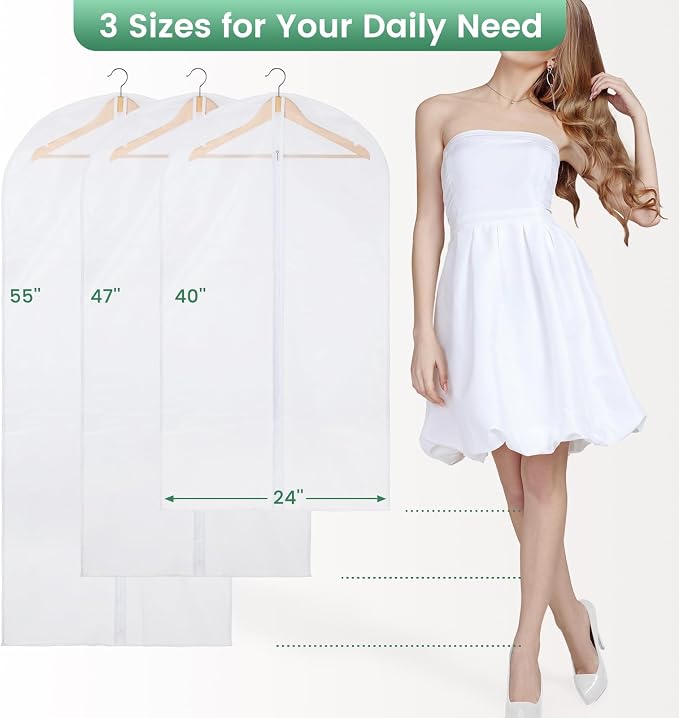 Carbrea Translucent Garment Bags for Hanging Clothes, 6 Pack | 3 Sizes Included, 24" x 40"/47"/55", Breathable Materials, Tear Resistant, Foldable, Ideal for Clothing Storage and Travel